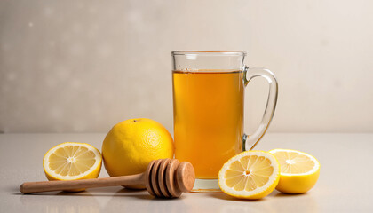 Honey lemon tea in a glass jug with lemon slices and honey, bright and inviting setting