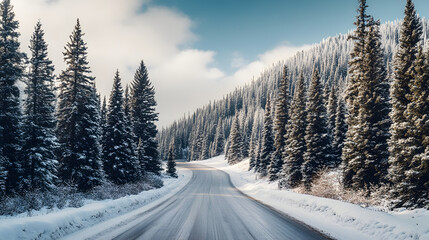 Fototapeta premium A snow-covered mountain road winding through tall pine trees leading up to a secluded winter retreat.