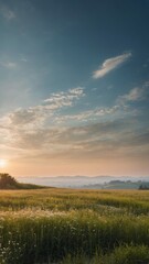 Obraz premium A sunny evening view of golden grass under a bright sky with an abstract structure