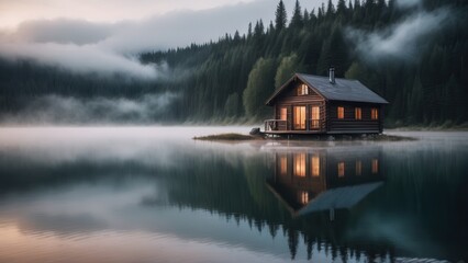 Fototapeta premium A wooden cabin with glowing windows sits by a foggy lake, surrounded by still water and dense mist. The combination of warm interior light and the cool, misty landscape creates a serene and cozy atmos