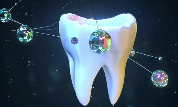 A stylized illustration of a tooth surrounded by colorful molecules in a cosmic background.