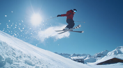 A skier launching off a jump in a freestyle competition mid-air with snow flying around and a clear blue sky above.