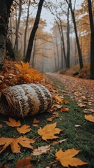 Obraz premium Autumn harvest display featuring pumpkins and fallen leaves amidst a rustic setting