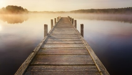 Fototapeta premium A weathered wooden pier extending into a calm misty lake, with soft light reflecting off the 
