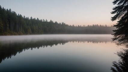 Fototapeta premium A thick layer of fog drifts over a calm lake, partially obscuring the reflection of tall pine trees along the shoreline. The peaceful and mysterious atmosphere of the mist-covered water creates a sere