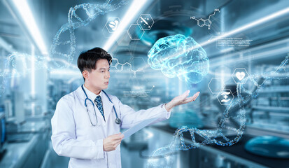 Doctor wearing VR glasses and lab coat holding at medical data while managing augmented reality technology and standing at laboratory with blurring background. Healthcare and innovation. Ingenuity.