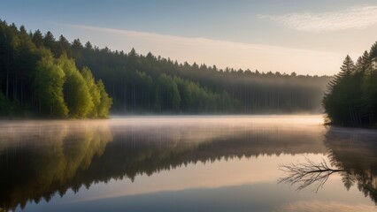 Morning fog drifts over a still river, surrounded by tall trees illuminated by the early sun. The misty water and forest reflections create a peaceful and harmonious atmosphere in the wilderness