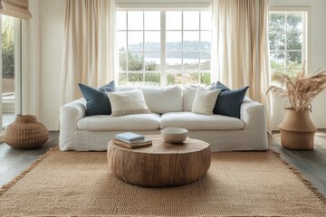 Fototapeta premium coastal home decor, a handmade jute rug complements a coastal-themed living room with light curtains and beachy decor, as an ocean breeze wafts in