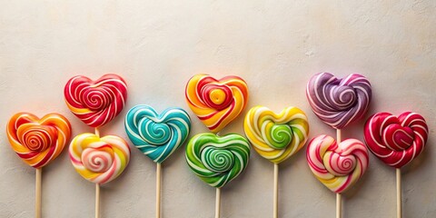 Wide-angle colorful heart shaped lollipops on neutral background