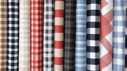 Fototapeta premium Colorful Gingham Fabric Rolls Assorted Patterns Colors