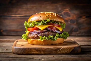 Wide-Angle Delicious Cheese Burger on a wooden board photography
