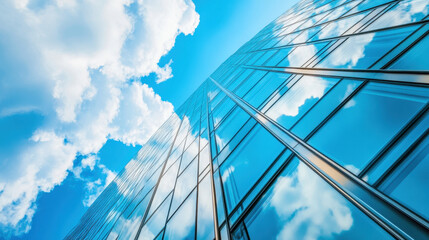 Obraz premium Reflections of clouds dance on a modern glass skyscraper under a bright blue sky