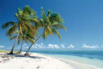 4k wallpaper a calm beach with palm trees swaying in the wind under a clear sky