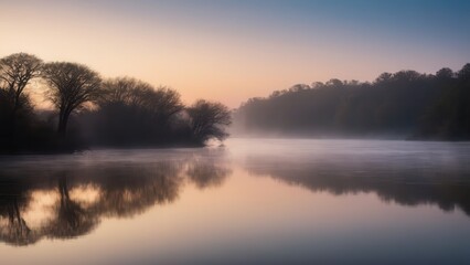 Obraz premium A peaceful river at dawn, shrouded in soft fog, with the silhouettes of bare trees reflecting on the calm water. The misty atmosphere and soft light create a serene and tranquil landscape