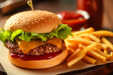 Delivery fast food menu. Saucy hamburger with french frieds and ketchup. Delicious hamburger with natural beef meat,burned cheddar cheese,tomato sauce. Delivered take away fastfood order