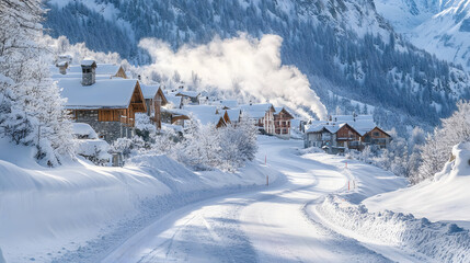 A snow-covered road winding through a mountain village with ski tracks visible on the roadside and smoke rising from chimneys.