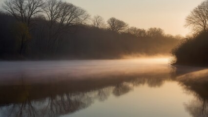 Obraz premium A peaceful river at dawn, shrouded in soft fog, with the silhouettes of bare trees reflecting on the calm water. The misty atmosphere and soft light create a serene and tranquil landscape