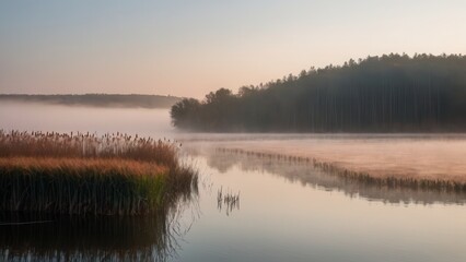 Fototapeta premium A peaceful marsh landscape at dawn, with soft fog rising over the still water and tall grasses reflected in the calm surface. The misty atmosphere creates a serene and tranquil scene, capturing the be