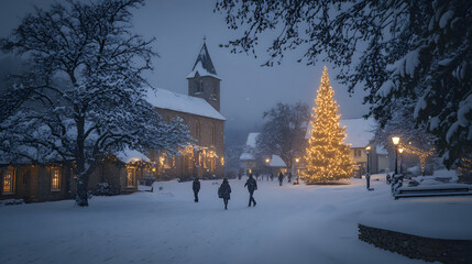 A snow-covered village square on Christmas Eve with twinkling holiday lights and people walking to a midnight church service.
