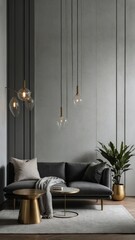 Modern living room with gray sofa, gold accents, and indoor plants in a minimalist design