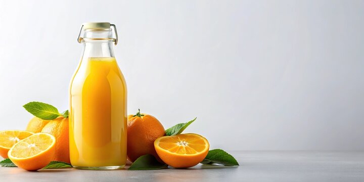 Wide-angle refreshing citrus elixir orange juice in a glass bottle on a white background