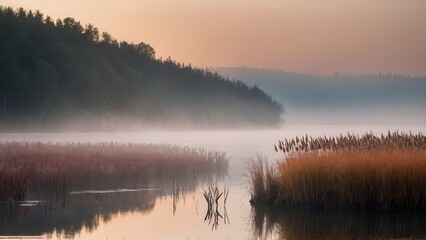 Fototapeta premium A peaceful marsh landscape at dawn, with soft fog rising over the still water and tall grasses reflected in the calm surface. The misty atmosphere creates a serene and tranquil scene, capturing the be