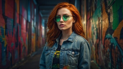 Fototapeta premium Young, fair-skinned woman with long, vibrant red hair wearing denim jacket and green-tinted glasses, standing in urban alleyway
