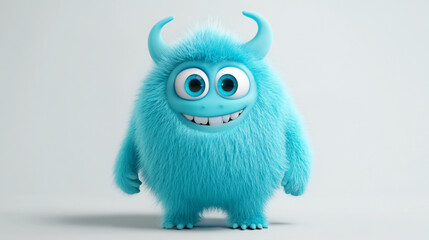Fototapeta premium Cute Blue Furry Monster Character with Big Eyes and Grinning Smile