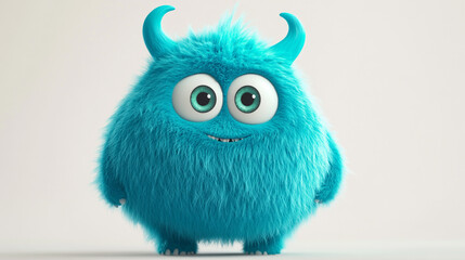 Fototapeta premium Cute Blue Fuzzy Monster Character with Horns and Big Eyes