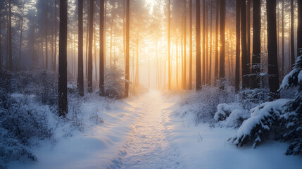 A snow-dusted forest path with a gentle mist rising from the ground at sunrise.