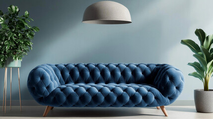 Modern Blue Velvet Sofa in Living Room Interior Design