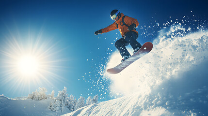 A snowboarder catching air off a jump in a snow park with the sun shining behind them.