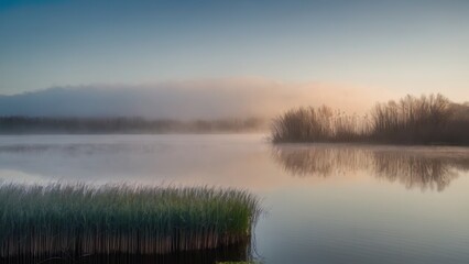 Obraz premium A peaceful marsh landscape at dawn, with soft fog rising over the still water and tall grasses reflected in the calm surface. The misty atmosphere creates a serene and tranquil scene, capturing the be