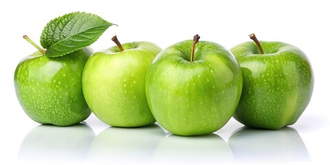 Reflection of green apples with leaves on white background
