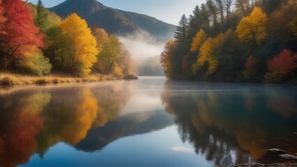 Naklejka premium Vibrant autumn trees reflect on the calm waters of a fog-covered lake, creating a beautiful contrast of colors in the misty morning light. The serene atmosphere captures the peacefulness of nature dur
