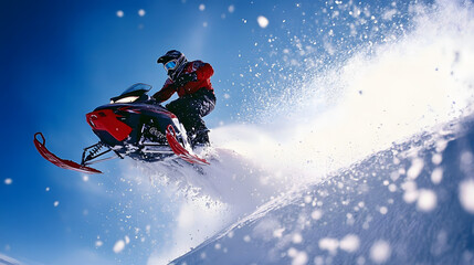 A snowmobile racer jumping over a snowbank during a high-speed race with snow spraying and a bright blue sky overhead.