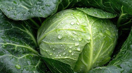 Fototapeta premium Closeup of fresh juicy cabbage with dew drops for spring agriculture and food photography