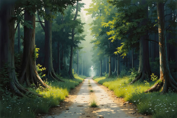 Fototapeta premium Sunlight reaching dirt road passing through green forest