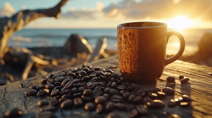 Coffee tranquility: ceramic cup and beans by seaside at sunset for relaxation themes