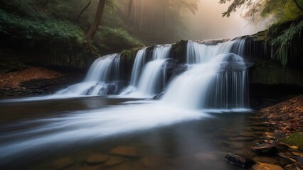 Fototapeta premium A serene waterfall flows over moss-covered rocks, surrounded by soft morning fog. The misty atmosphere and gentle flow of water create a peaceful and calming natural scene