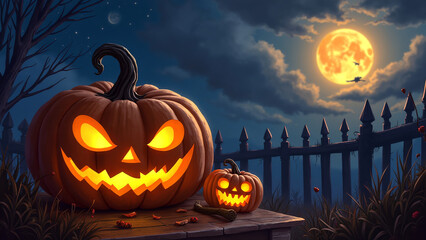 Two Halloween pumpkins with mischievous faces glowing brightly against a starry night backdrop