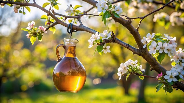 Wine jug hanging from blossoming apple tree branch, long shot