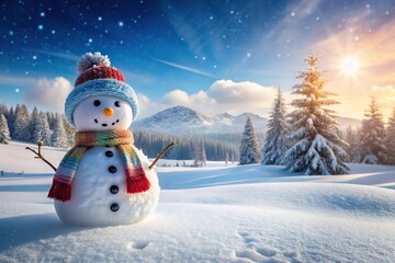 Winter scene of asymmetrical snowman on snowy panoramic icy landscape
