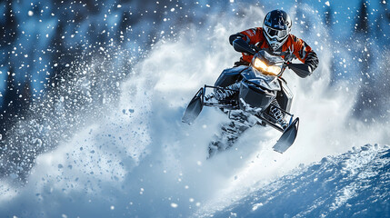 A snowmobile rider hitting a jump during a race flying through the air with snow kicking up behind.