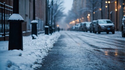 street in winter. it's snowing, street, blue background, bokeh