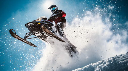 A snowmobile rider launching off a snow ramp during a race catching air with snow spraying up behind them.