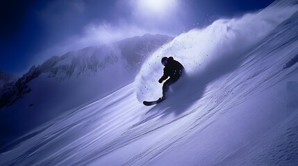 A snowboarder riding down a steep untouched mountain slope with fresh powder flying up from their board as they descend.