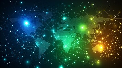 Obraz premium A World Map Connected by a Network of Glowing Lines and Nodes