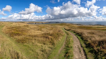 Fototapeta premium Expansive coastal landscape under dramatic sky for nature photography and travel design