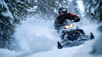 A snowmobile rider speeding through a snow-covered forest trail kicking up snow as they navigate the tight turns.